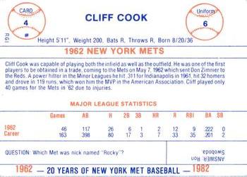 1982 Galasso 20 Years of New York Mets #4 Cliff Cook Back