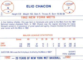 1982 Galasso 20 Years of New York Mets #5 Elio Chacon Back