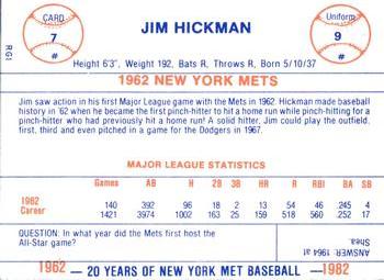 1982 Galasso 20 Years of New York Mets #7 Jim Hickman Back