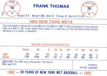 1982 Galasso 20 Years of New York Mets #19 Frank Thomas Back