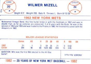 1982 Galasso 20 Years of New York Mets #20 Vinegar Bend Mizell Back