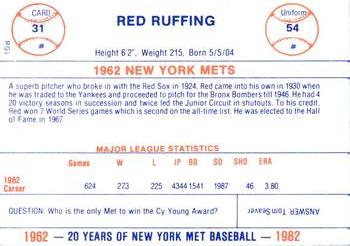 1982 Galasso 20 Years of New York Mets #31 Red Ruffing Back