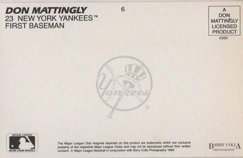 1989 Barry Colla Don Mattingly Postcards #6 Don Mattingly Back