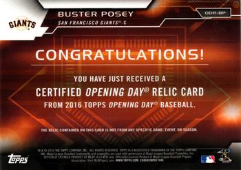 2016 Topps Opening Day - Opening Day Relics #ODR-BP Buster Posey Back