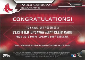 2016 Topps Opening Day - Opening Day Relics #ODR-PS Pablo Sandoval Back
