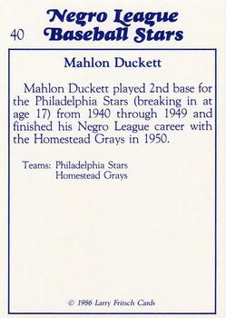 1986 Fritsch Negro League Baseball Stars #40 Mahlon Duckett Back