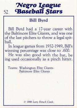 1986 Fritsch Negro League Baseball Stars #52 Bill Byrd Back
