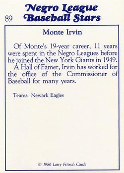 1986 Fritsch Negro League Baseball Stars #89 Monte Irvin Back