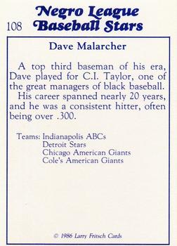 1986 Fritsch Negro League Baseball Stars #108 Dave Malarcher Back