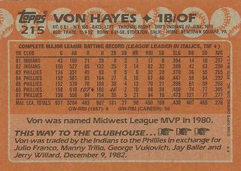 1988 Topps #215 Von Hayes Back