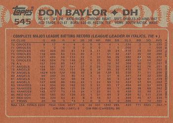 1988 Topps #545 Don Baylor Back