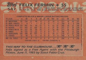 1988 Topps #547 Felix Fermin Back