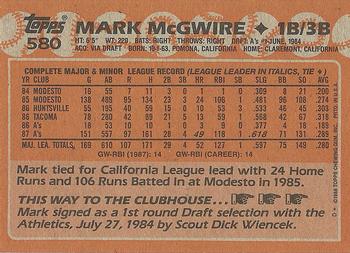 1988 Topps #580 Mark McGwire Back