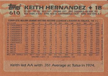 1988 Topps #610 Keith Hernandez Back