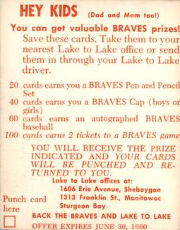 1960 Lake to Lake Dairy Milwaukee Braves #NNO Hank Aaron Back