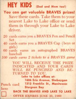 1960 Lake to Lake Dairy Milwaukee Braves #NNO Ray Boone Back