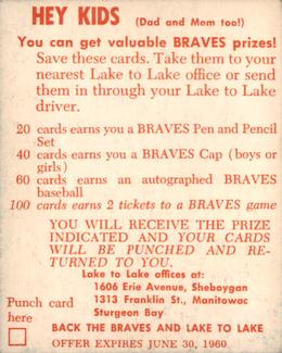 1960 Lake to Lake Dairy Milwaukee Braves #NNO Bill Bruton Back