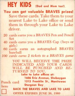 1960 Lake to Lake Dairy Milwaukee Braves #NNO Lew Burdette Back