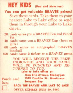 1960 Lake to Lake Dairy Milwaukee Braves #NNO Del Crandall Back