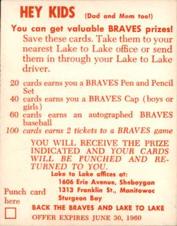1960 Lake to Lake Dairy Milwaukee Braves #NNO Charlie Dressen Back
