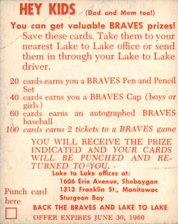 1960 Lake to Lake Dairy Milwaukee Braves #NNO Bob Rush Back