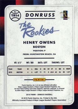 2016 Donruss - The Rookies #TR14 Henry Owens Back