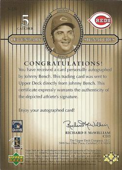 2000 Upper Deck Legends - Legendary Signatures Gold #S-JB Johnny Bench  Back