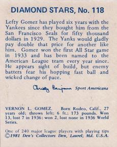 1981 Den's Collectors Den 1937 Diamond Stars Extension (Reprint) #118 Lefty Gomez Back
