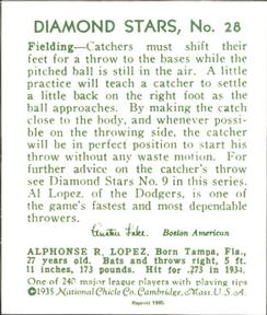 1985 1934-1936 Diamond Stars (reprint) #28 Al Lopez Back