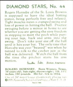 1985 1934-1936 Diamond Stars (reprint) #44 Rogers Hornsby Back