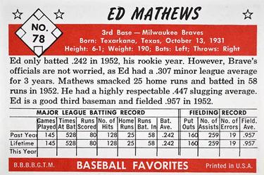 1979 Card Collectors 1953 Bowman Black & White Extension #78 Ed Mathews Back