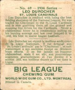 1934 World Wide Gum (V354) #69 Leo Durocher Back