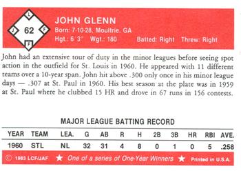 1983 Fritsch One Year Winners #62 John Glenn Back