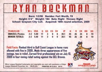 2010 Grandstand State College Spikes #NNO Ryan Beckman Back