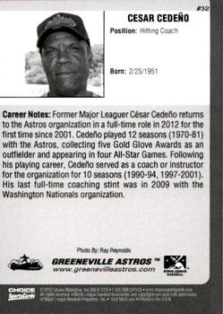 2012 Choice Greeneville Astros #32 Cesar Cedeno Back