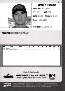 2012 Choice Greeneville Astros #12 Jimmy Howick Back