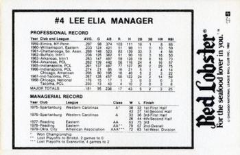 1982 Red Lobster Chicago Cubs #NNO Lee Elia Back