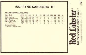 1982 Red Lobster Chicago Cubs #NNO Ryne Sandberg Back