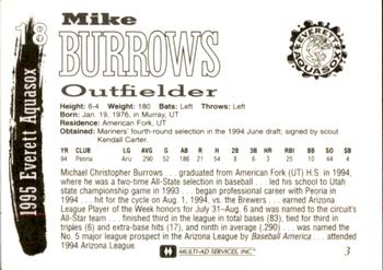 1995 Multi-Ad Everett AquaSox #3 Mike Burrows Back