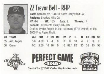 2007 Perfect Game Cedar Rapids Kernels #2 Trevor Bell Back
