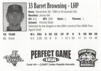 2007 Perfect Game Cedar Rapids Kernels #4 Barret Browning Back