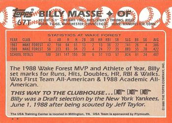 1988 Topps Traded #67T Billy Masse Back