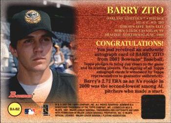 2001 Bowman - Autographs #BA-BZ Barry Zito  Back