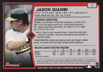 2001 Bowman - Gold #1 Jason Giambi Back