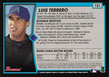 2001 Bowman - Gold #151 Luis Terrero Back