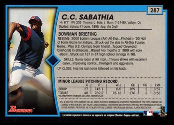 2001 Bowman - Gold #287 CC Sabathia Back