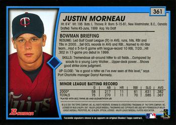 2001 Bowman - Gold #361 Justin Morneau Back
