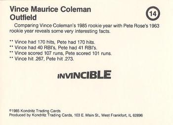 1985 Kondritz Invincible Vince Coleman (unlicensed) #14 Vince Coleman Back