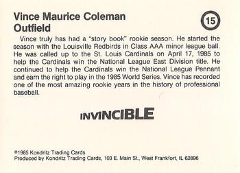 1985 Kondritz Invincible Vince Coleman (unlicensed) #15 Vince Coleman Back