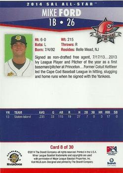 2014 Brandt South Atlantic League South Division All-Stars #8 Mike Ford Back